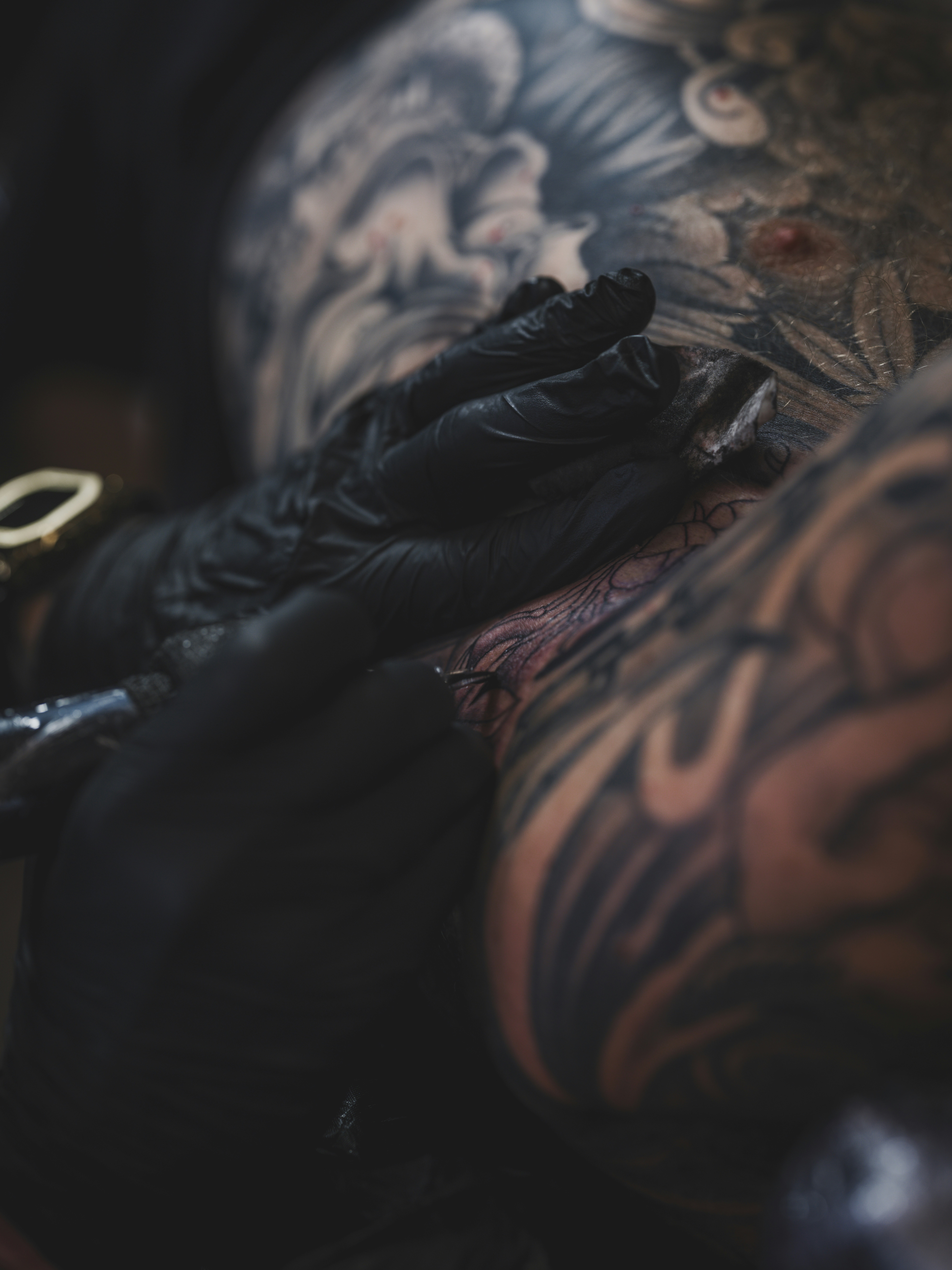Close-up of a tattoo artist creating detailed blackwork tattoo art